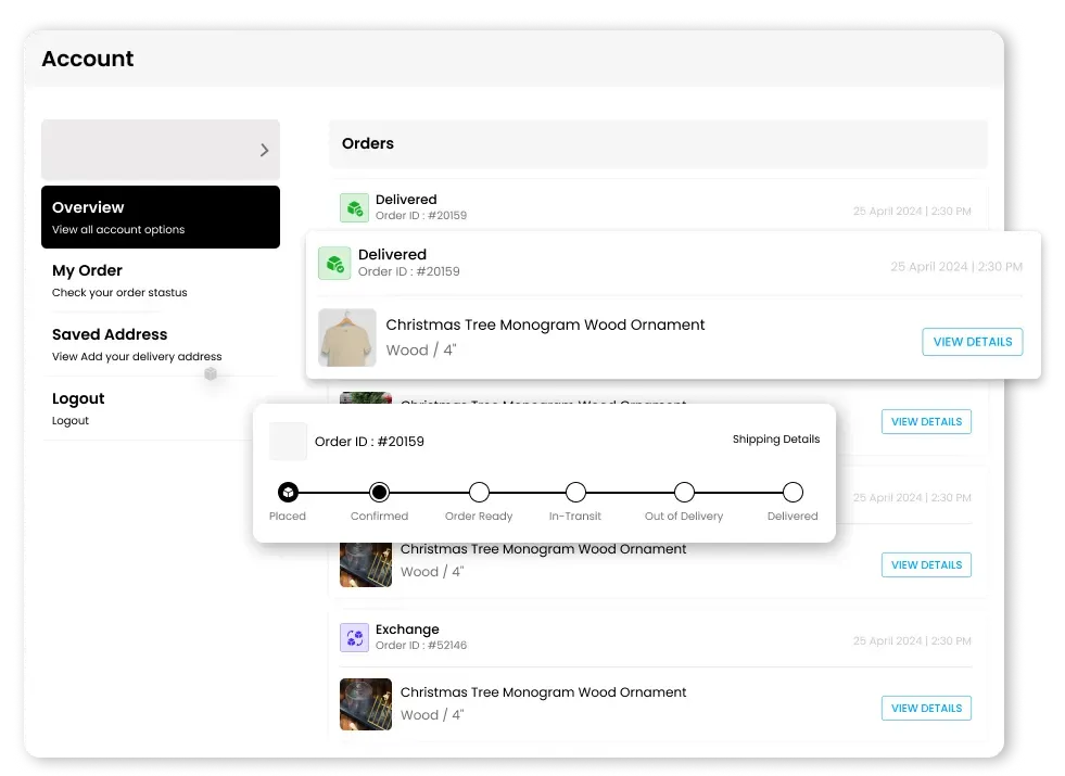 Customer Account Page showing order history and returns