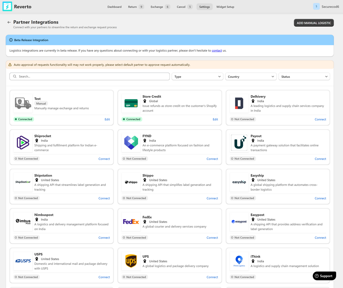 Reverto partner integrations settings showing connected carriers