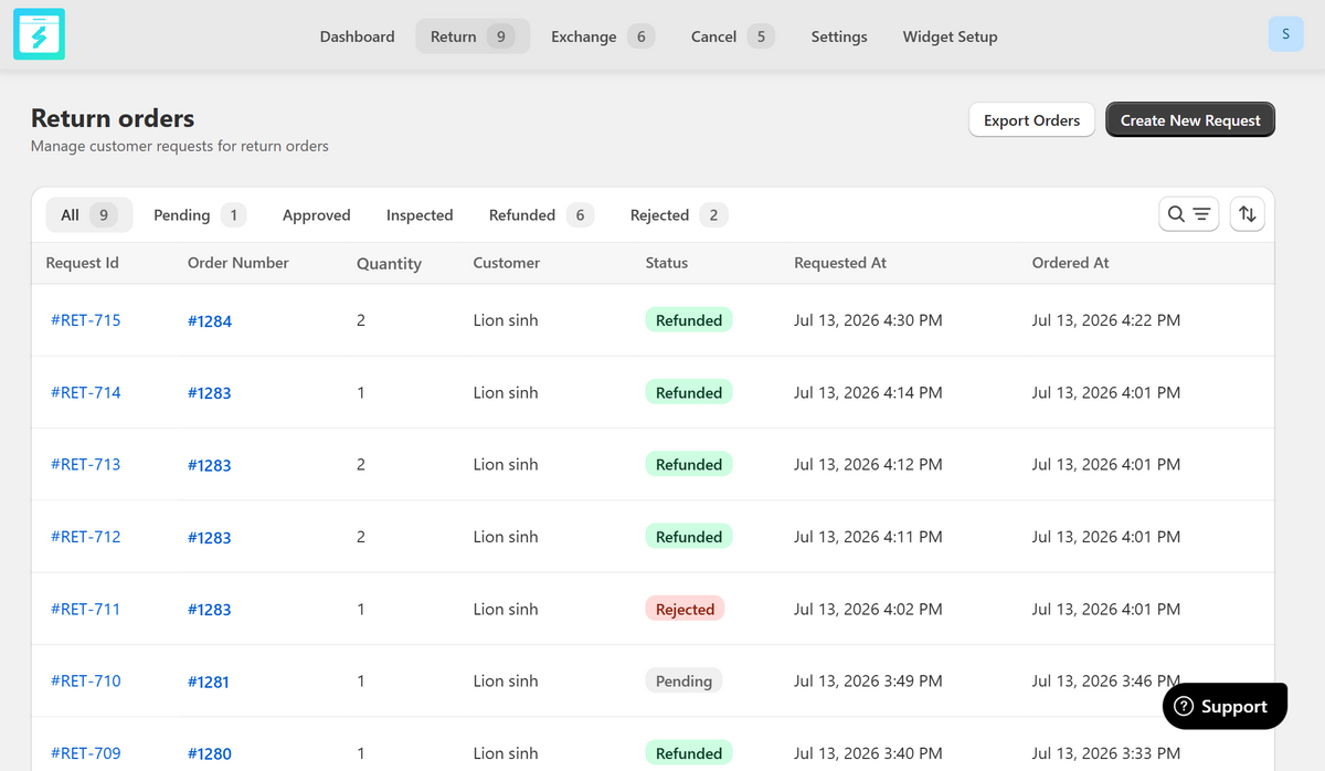 Reverto return orders list showing automatically updated statuses