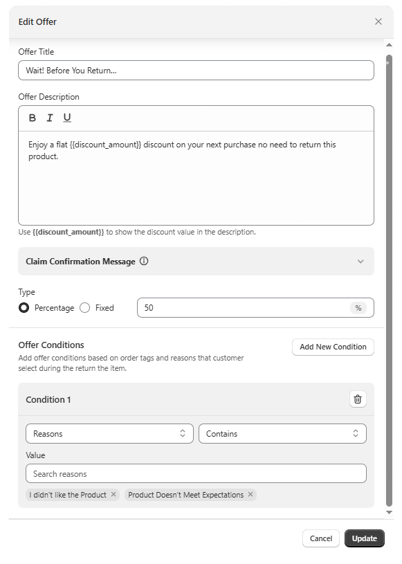 Reverto rule builder showing return offer conditions