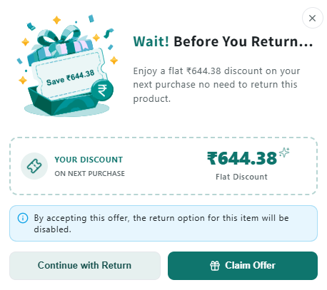 Reverto return offer popup showing a discount offer before a customer completes a return