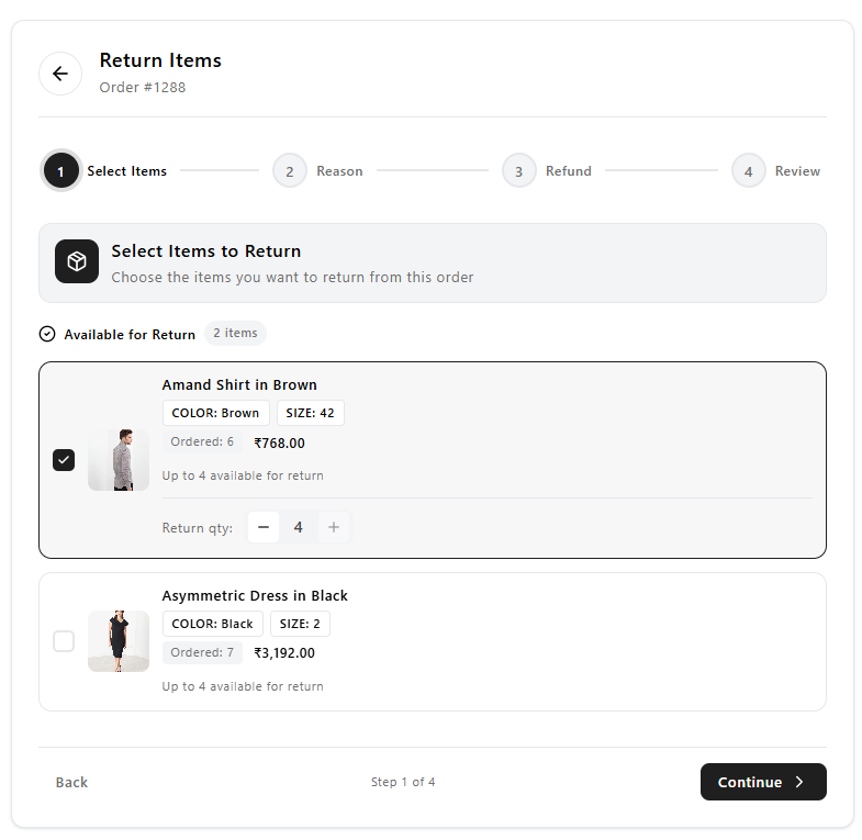 Reverto customer self-serve return request screen