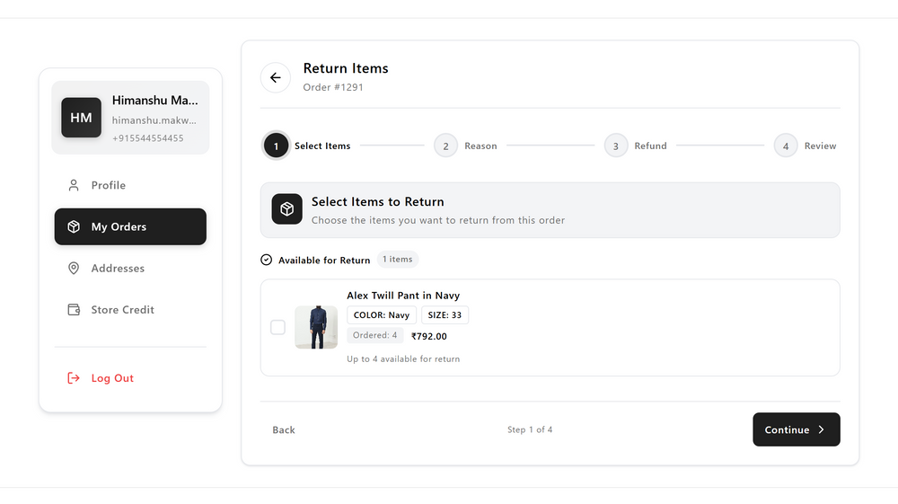 Customer selecting an order and item to start a return request