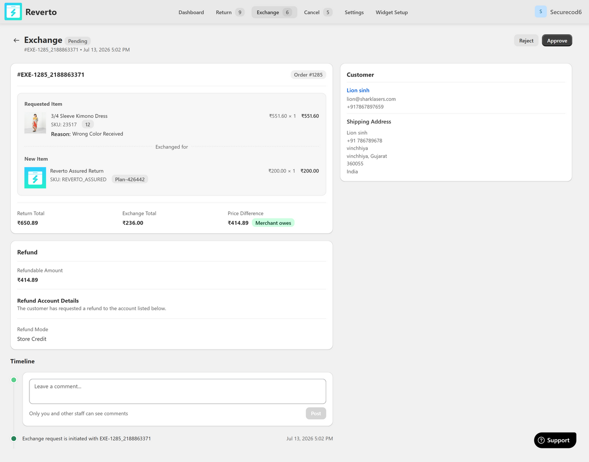 Reverto exchange request showing revenue retained versus refund