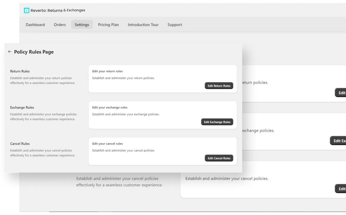 Rules configuration interface for return policies