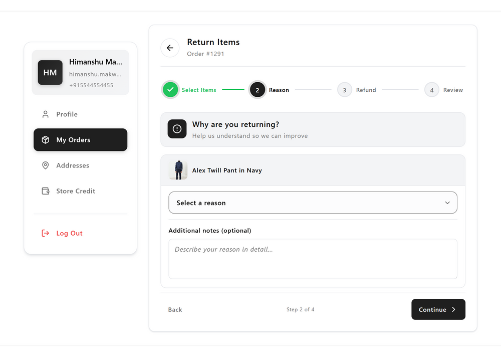Customer selecting a return reason