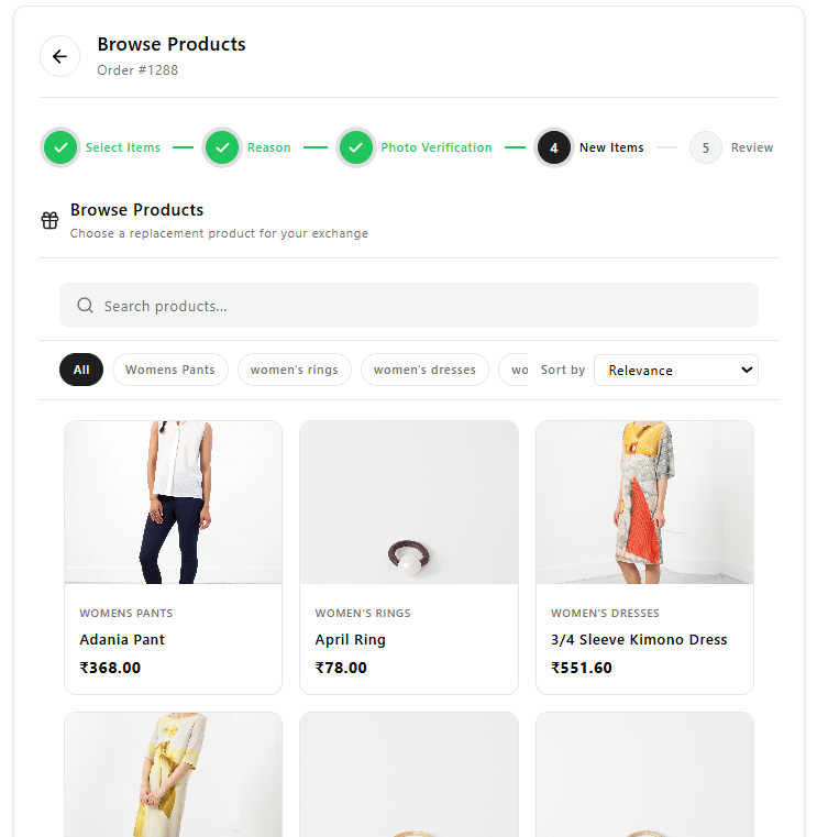 Reverto Shop Now screen letting customers browse replacement products