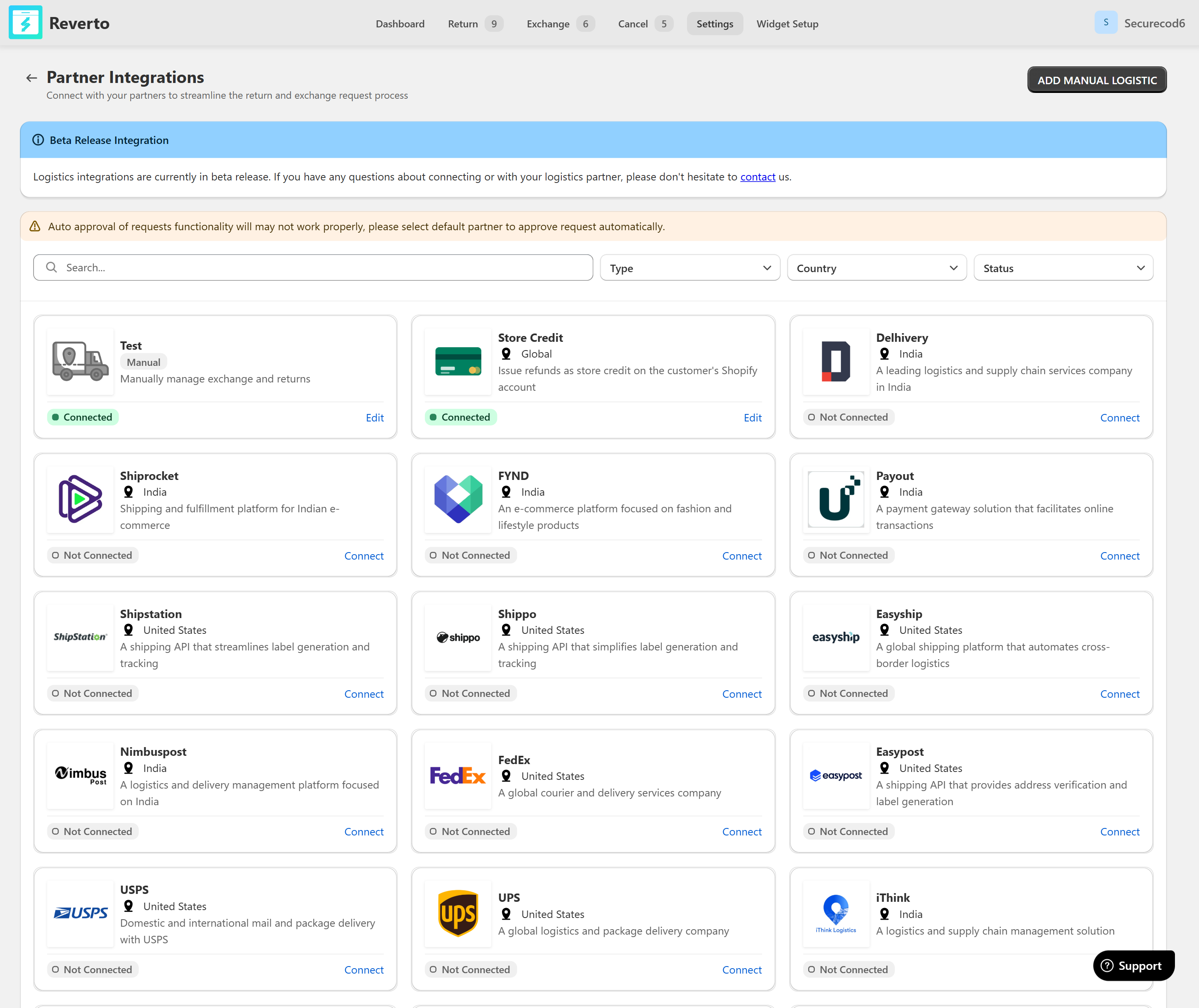 Reverto partner integrations settings showing connected carriers