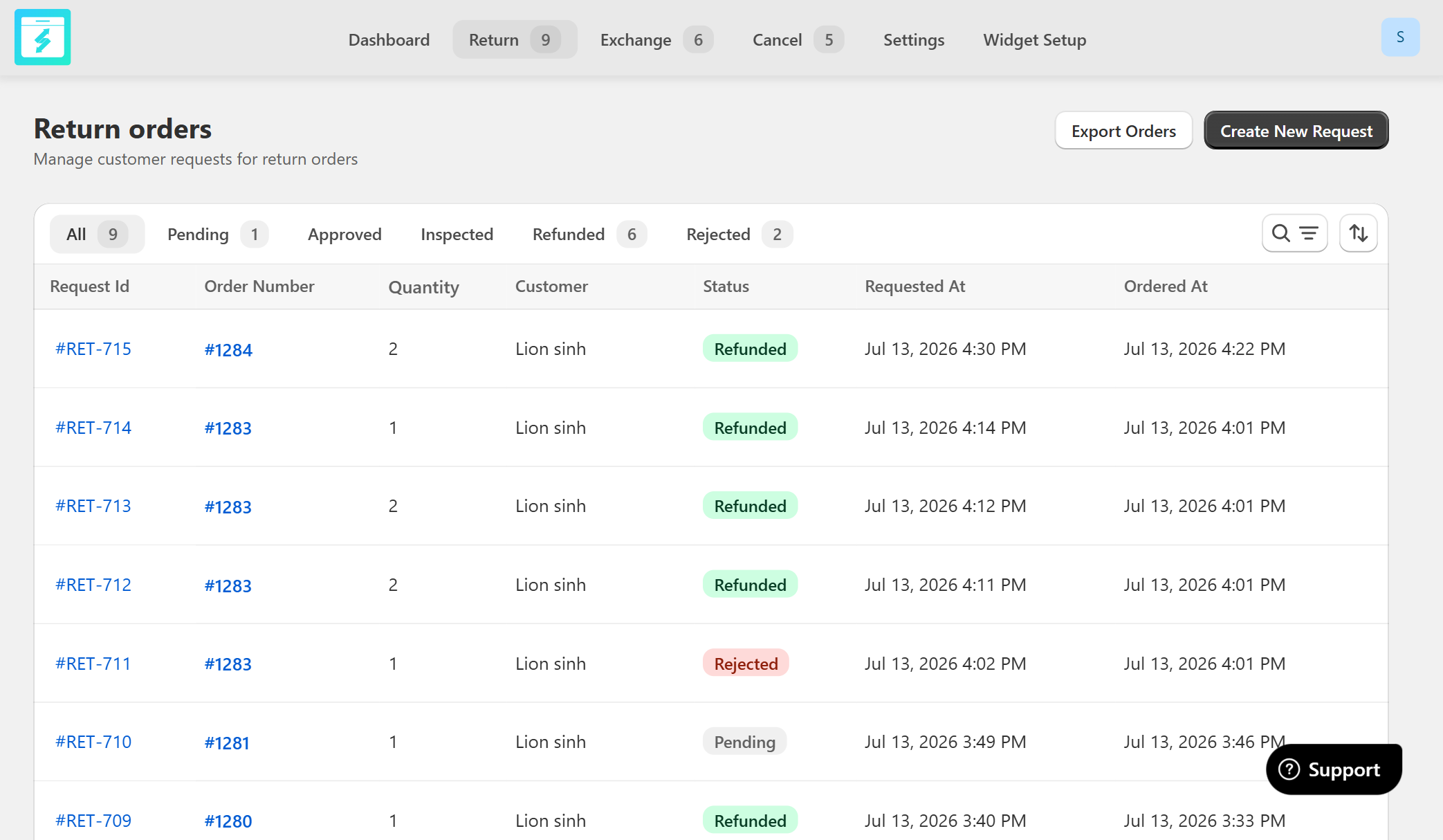Reverto return orders list showing automatically updated statuses